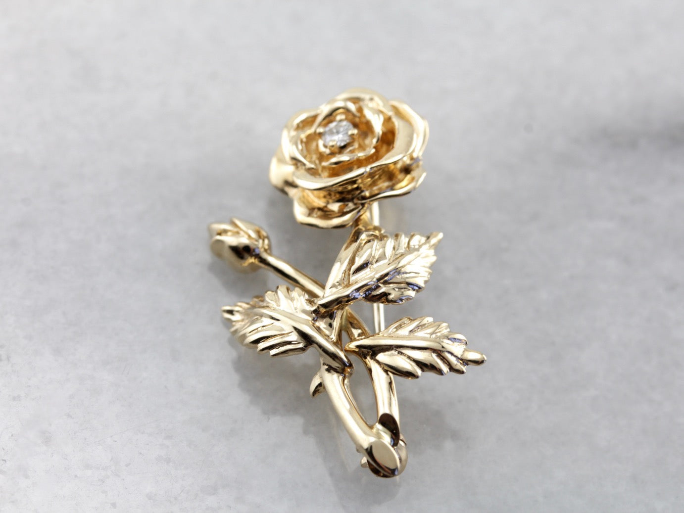 Vintage Diamond Rose Bud Pin in Yellow Gold