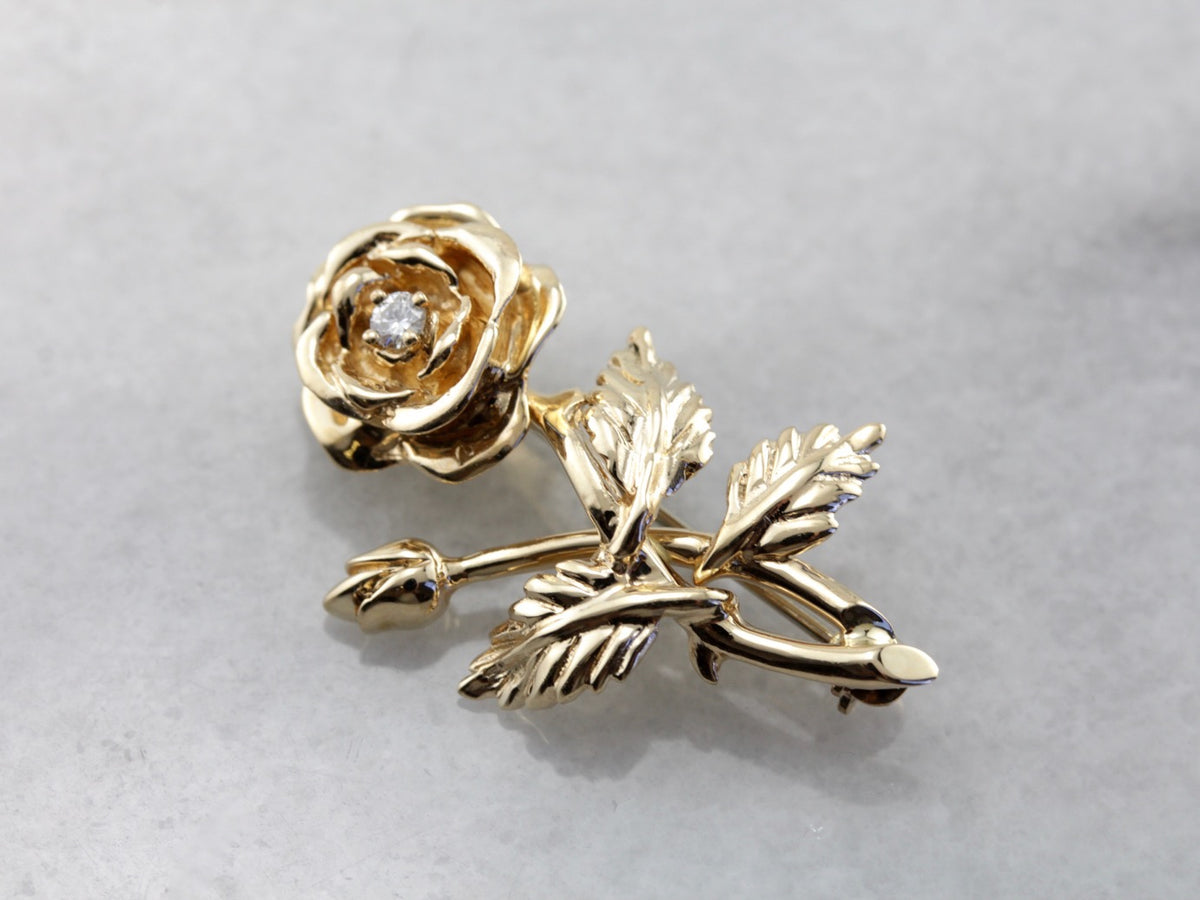 Vintage Diamond Rose Bud Pin in Yellow Gold