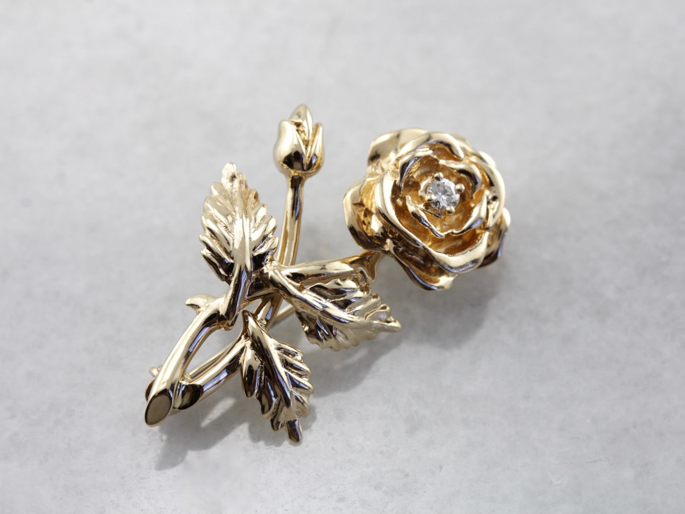 Vintage Diamond Rose Bud Pin in Yellow Gold