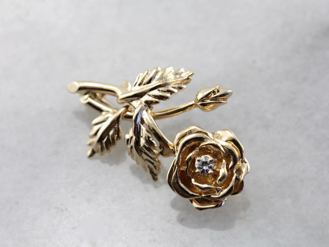 Vintage Diamond Rose Bud Pin in Yellow Gold