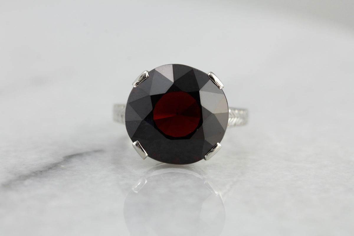 Etched Art Deco Pyrope Garnet Cocktail Ring of the Highest Quality, Perfect Solitaire or Stacking Ring