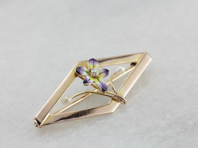 Sweet Vintage Enameled Pansy Brooch with Diamond and Seed Pearl Details