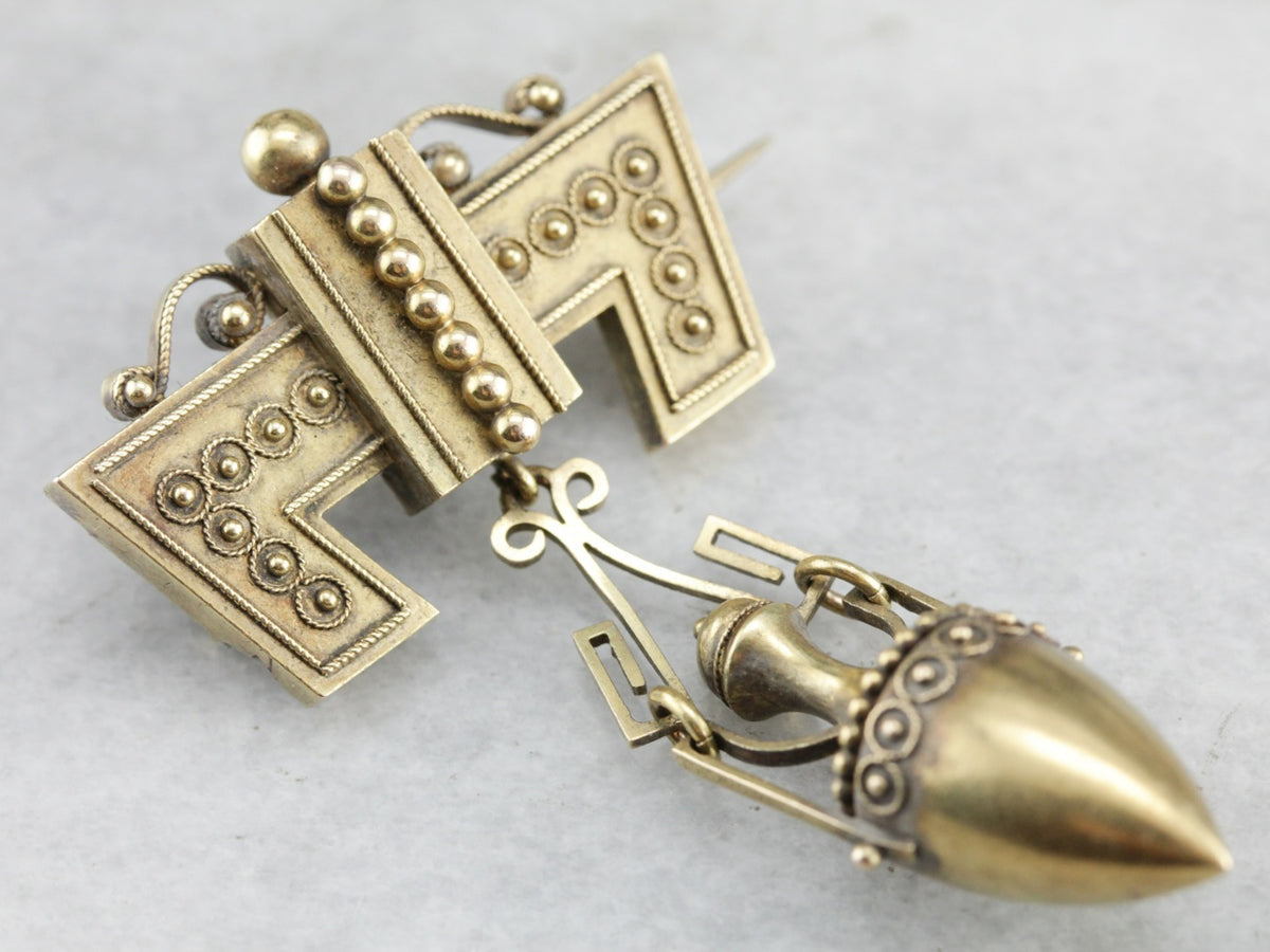 Victorian Etruscan Revival Gold Brooch with Mourning Urn