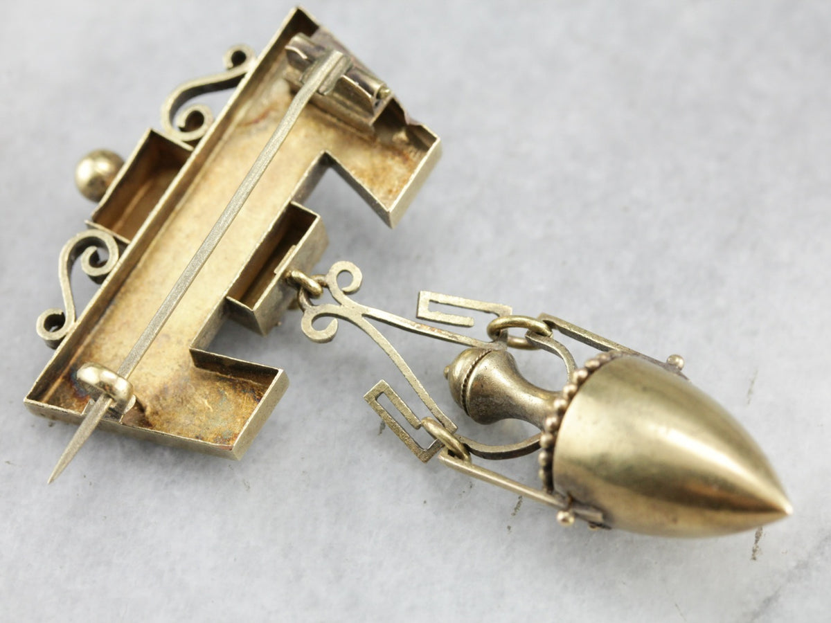Victorian Etruscan Revival Gold Brooch with Mourning Urn