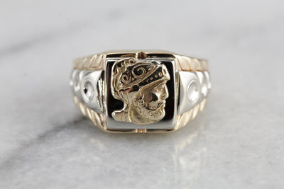 Vintage Cameo Ring for Gentlemen, Yellow and White Gold Decorative Signet Ring