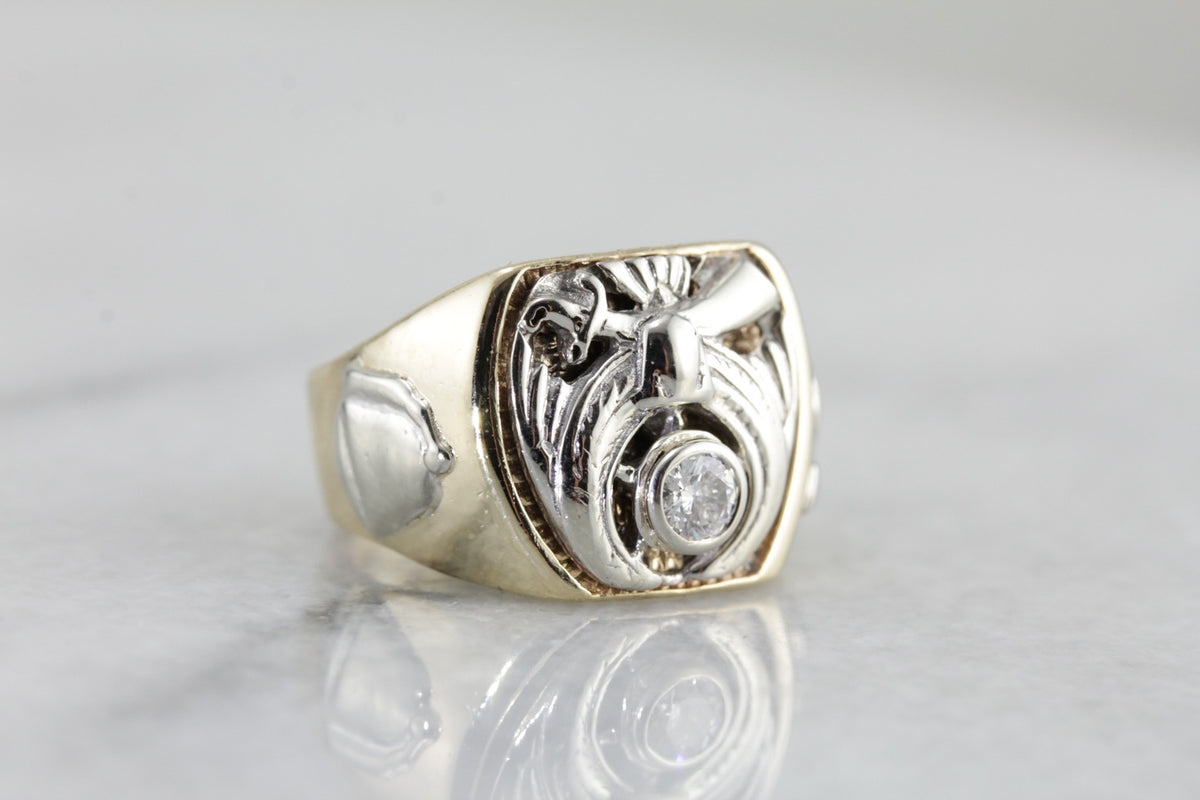 Vintage Men's Diamond Shriners Club Ring in Yellow and White Gold