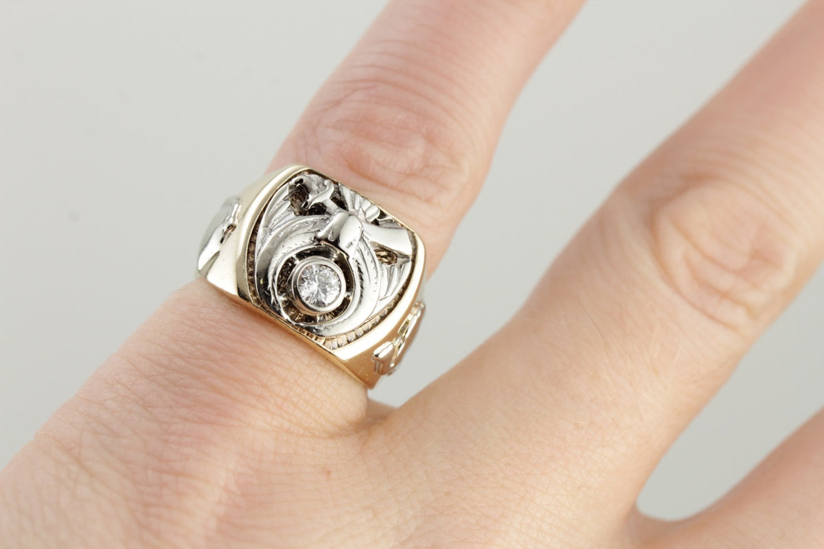 Vintage Men's Diamond Shriners Club Ring in Yellow and White Gold