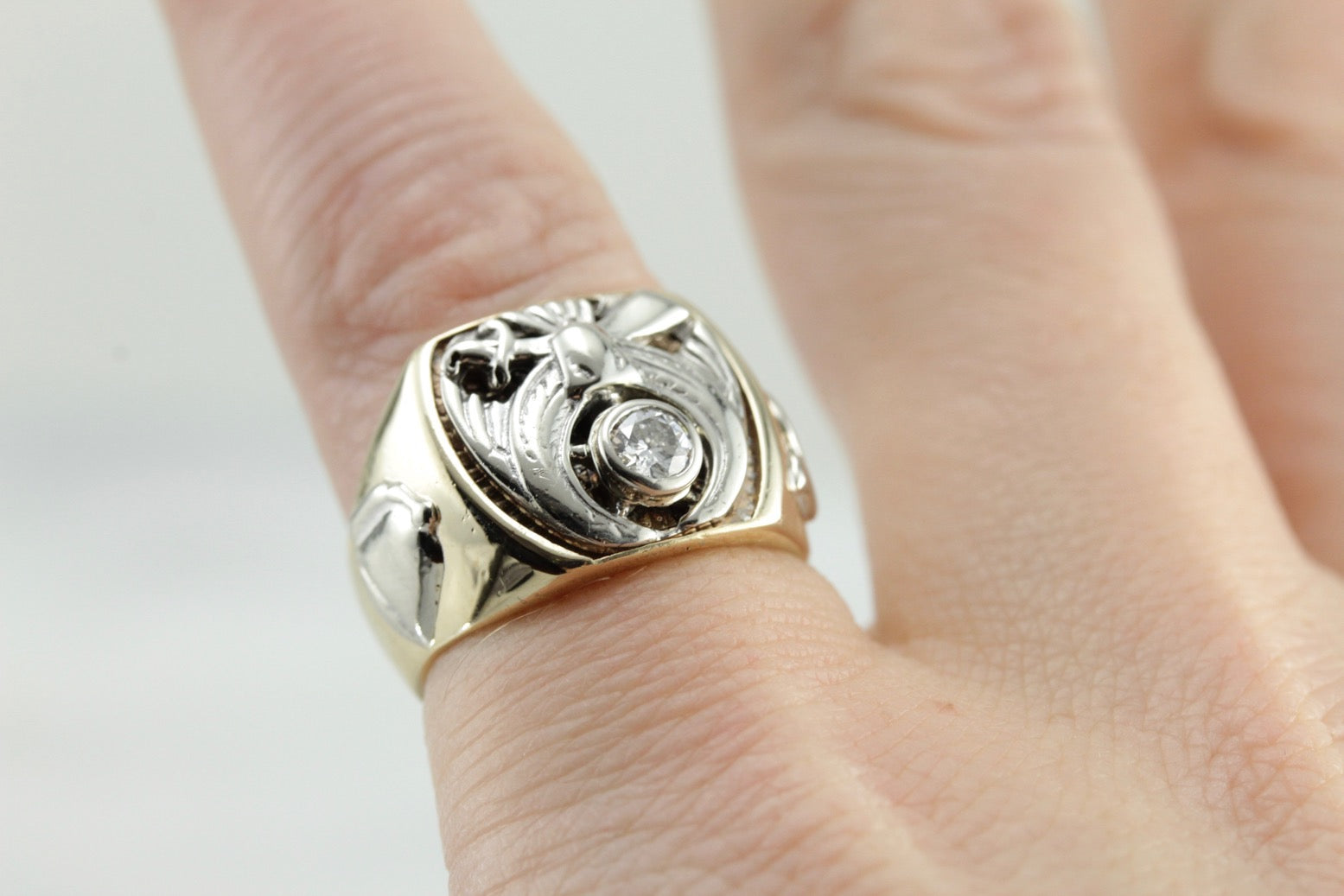 Vintage Men's Diamond Shriners Club Ring in Yellow and White Gold