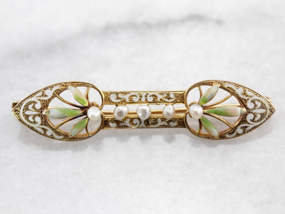 Beautiful Art Nouveau Era Seed Pearl and Enamel Bar Pin