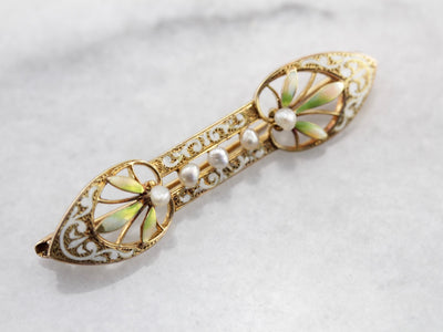 Beautiful Art Nouveau Era Seed Pearl and Enamel Bar Pin