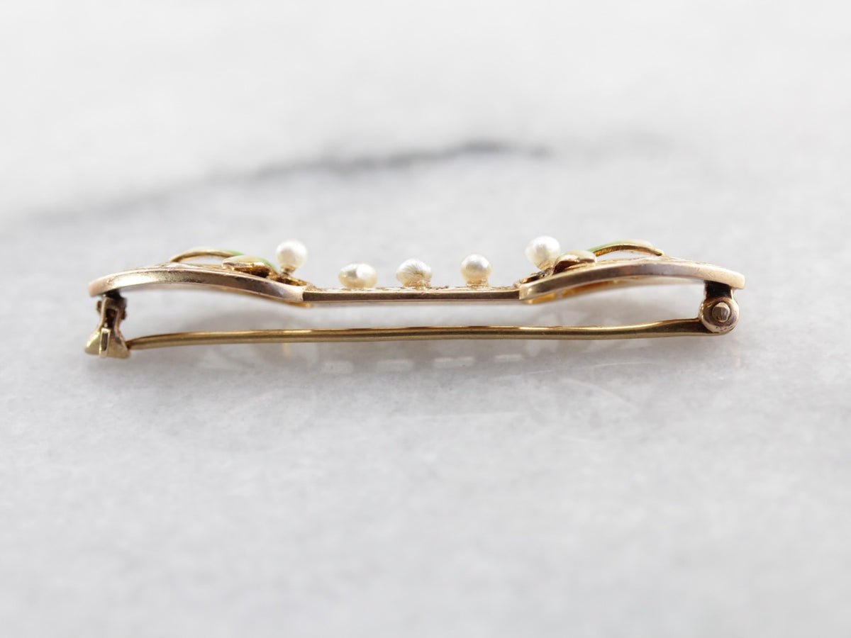 Beautiful Art Nouveau Era Seed Pearl and Enamel Bar Pin