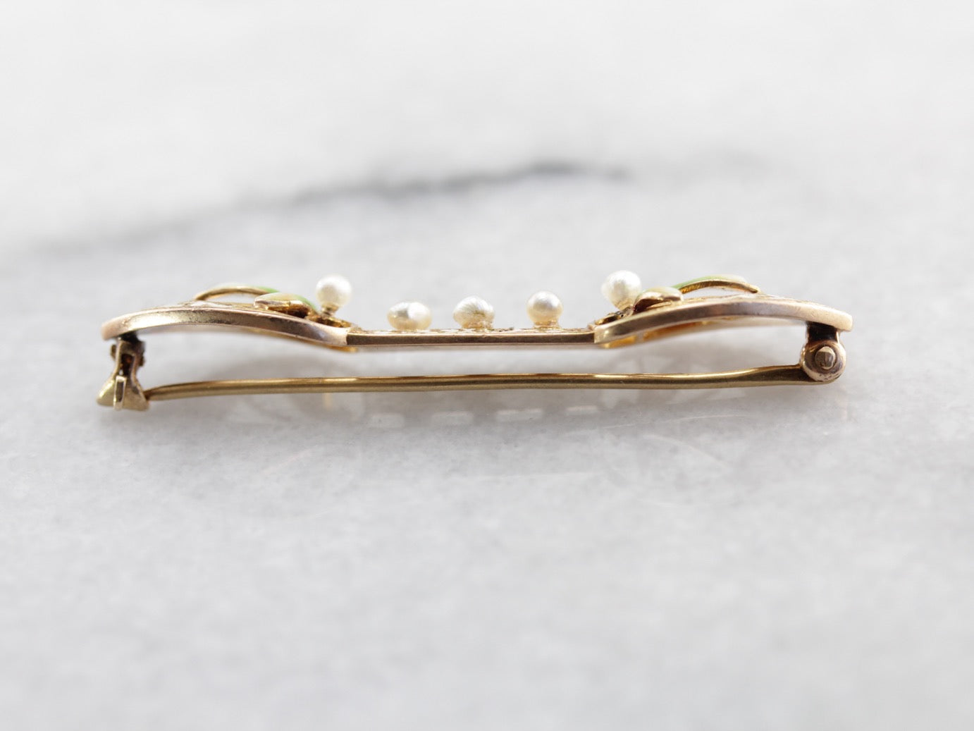 Beautiful Art Nouveau Era Seed Pearl and Enamel Bar Pin