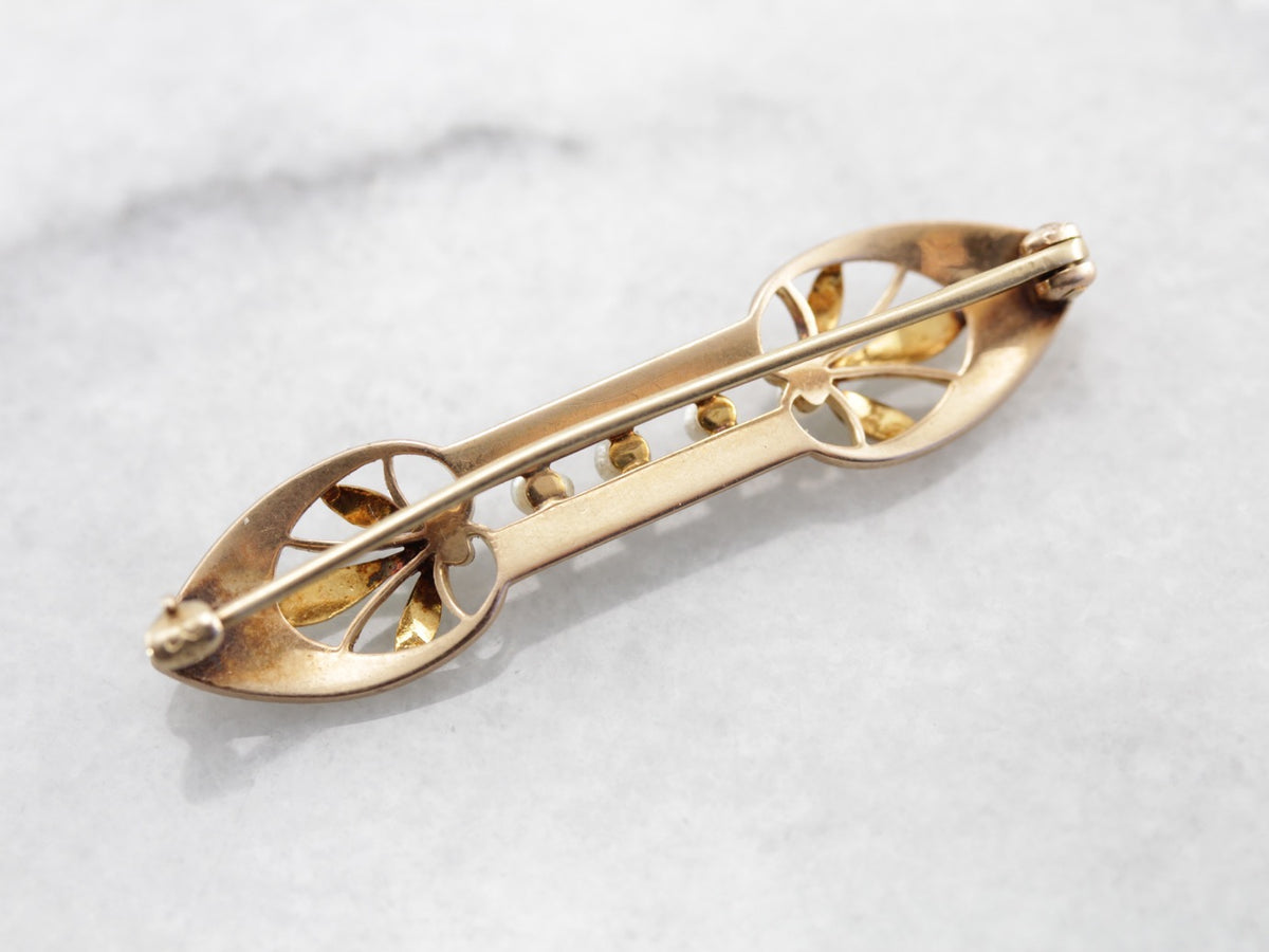 Beautiful Art Nouveau Era Seed Pearl and Enamel Bar Pin