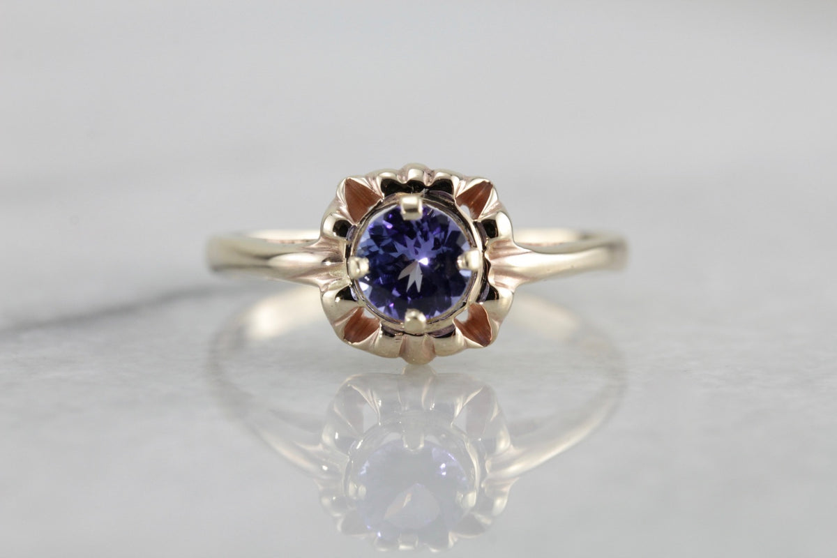 Retro Era Tanzanite Solitaire Ring, Victorian Revival Ladies Ring Mounting with New Stone