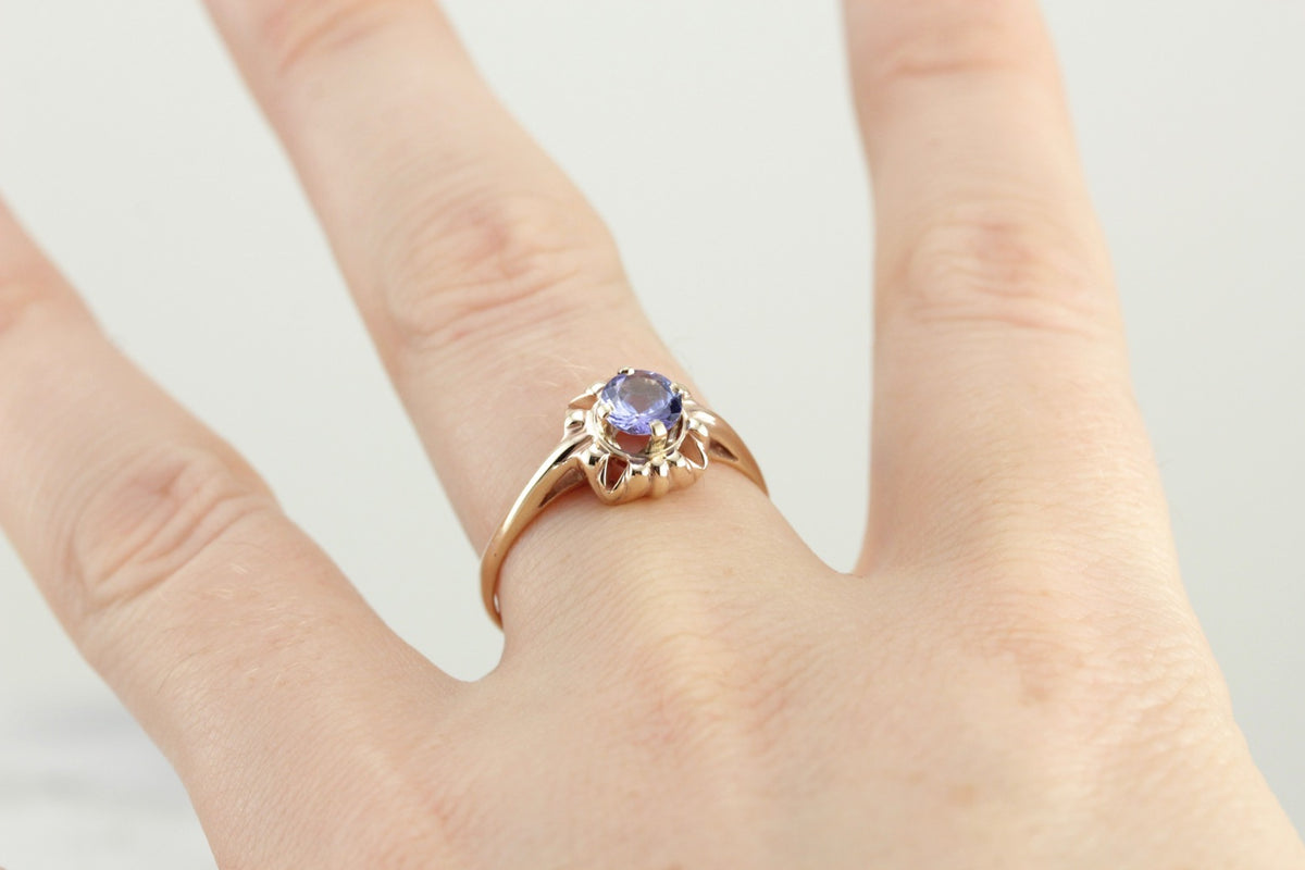 Retro Era Tanzanite Solitaire Ring, Victorian Revival Ladies Ring Mounting with New Stone