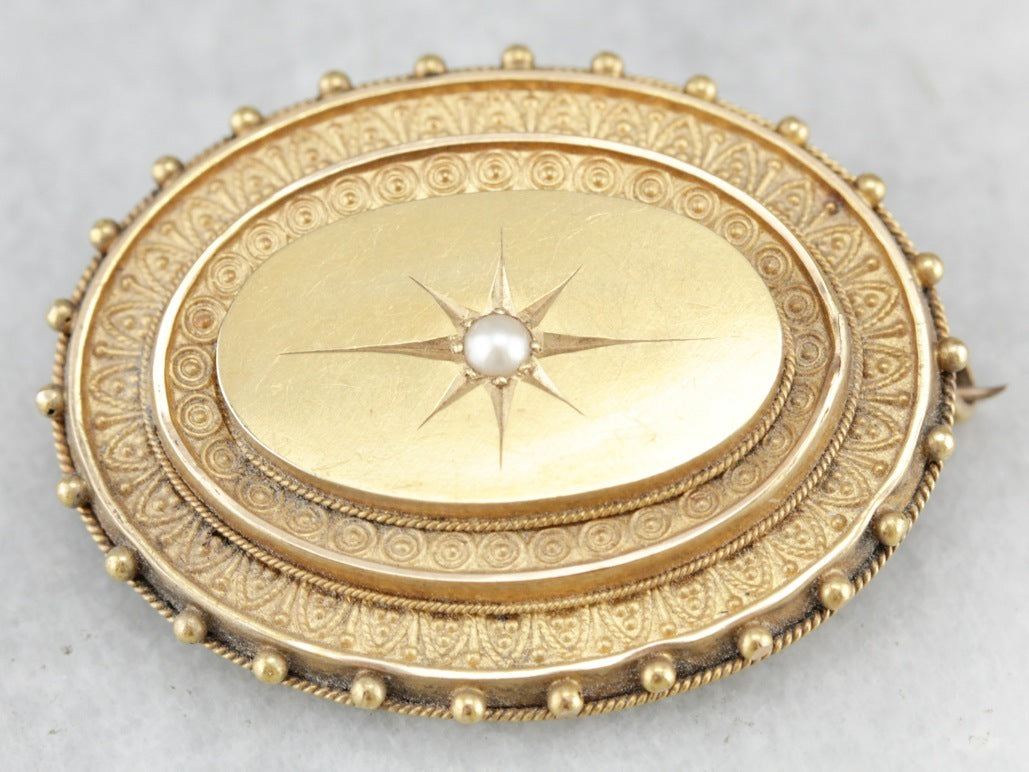 Victorian Hair, Mourning Brooch with Pearl Center