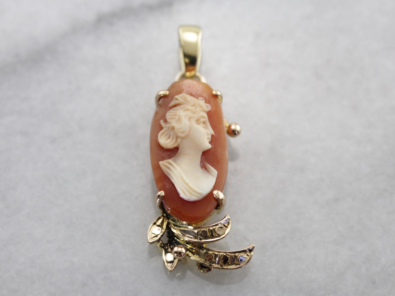 Vintage Shell Cameo Set in Handmade Yellow Gold Pendant