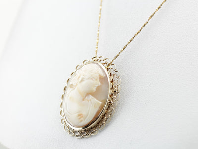 Vintage Shell Cameo Pin or Pendant in Yellow Gold