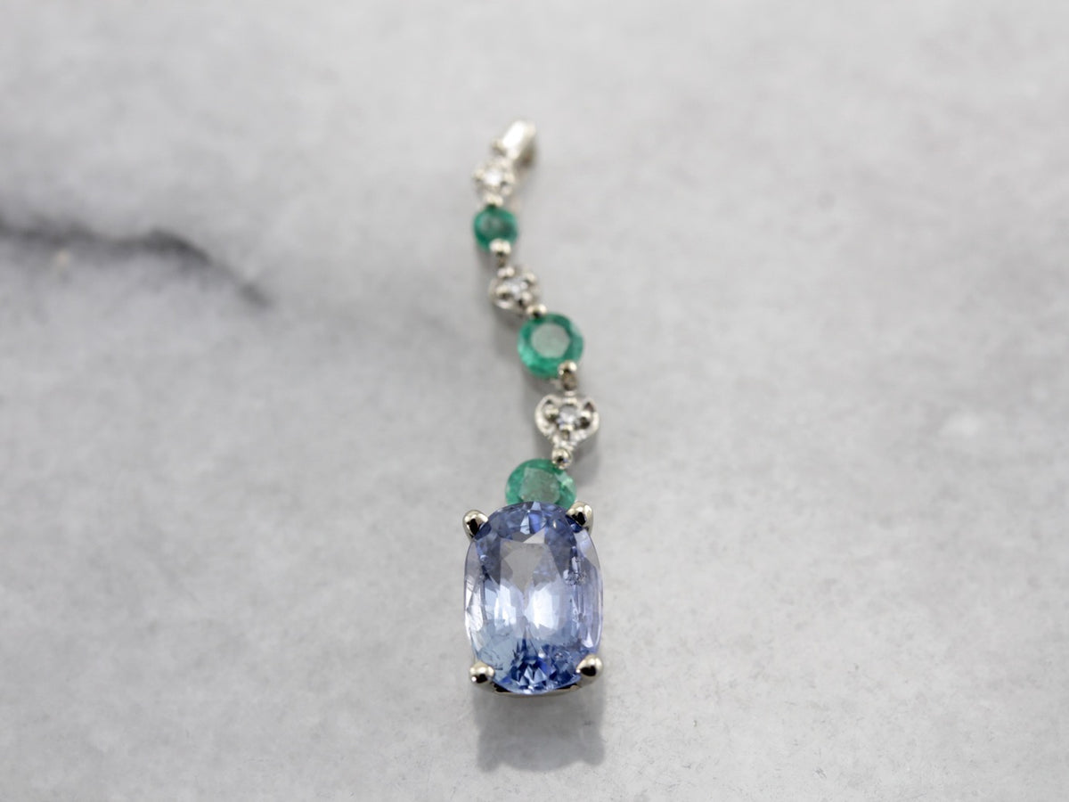 Unusual Pale Blue Sapphire, Emerald and Diamond Accented Pendant