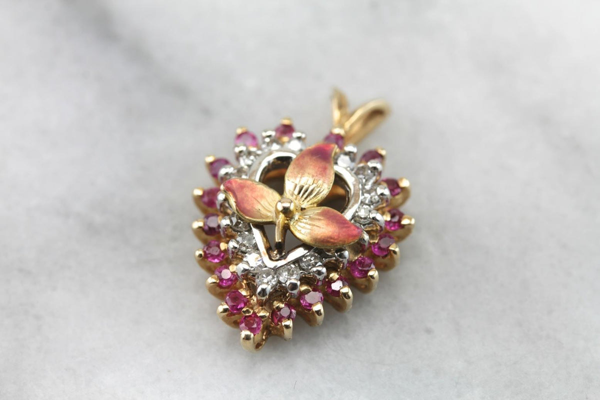 Unbelievable! Feminine and Colorful Pendant with Ruby, Diamond and Antique Enamel