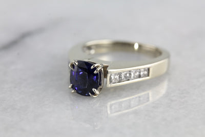 Contemporary Fine Midnight Blue Ceylon Sapphire of Excellent Quality,  Engagement Ring in Diamonds and White Gold