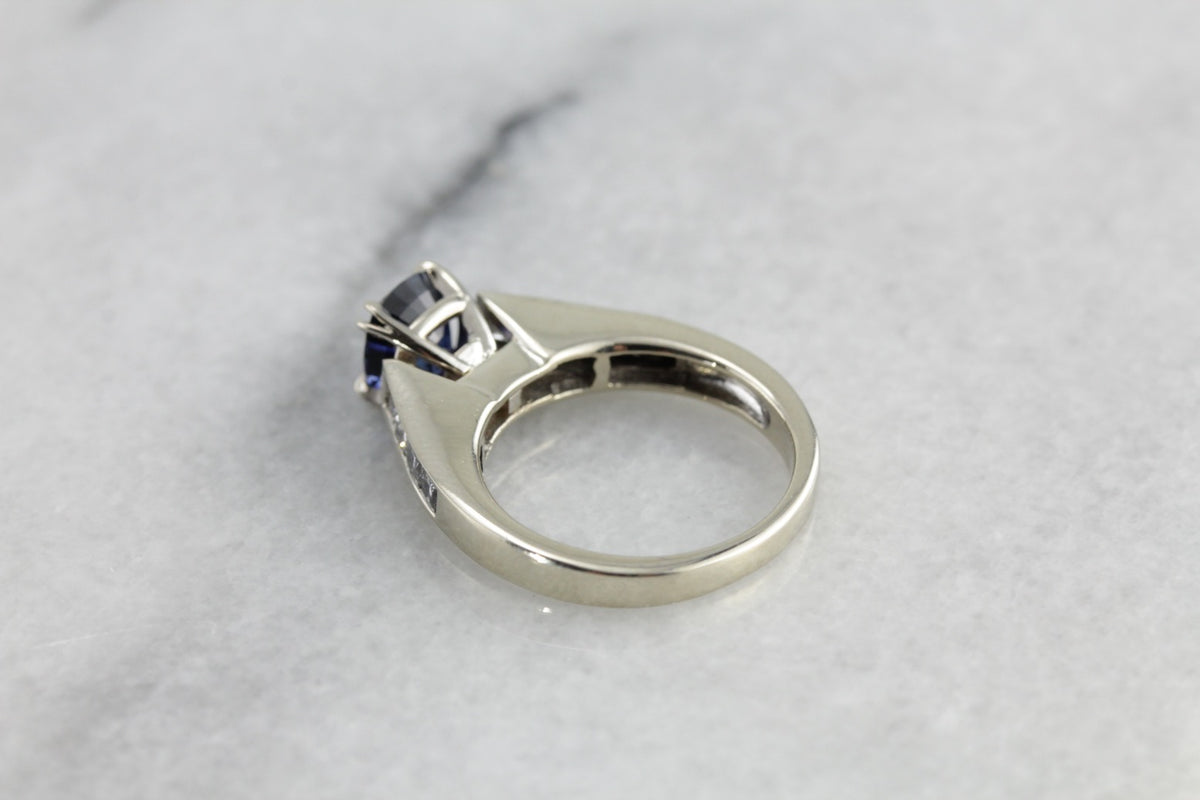 Contemporary Fine Midnight Blue Ceylon Sapphire of Excellent Quality,  Engagement Ring in Diamonds and White Gold