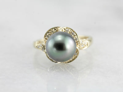 Large Grey Pearl and Diamond Cocktail Ring