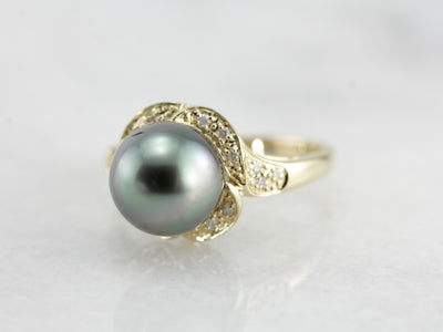 Large Grey Pearl and Diamond Cocktail Ring