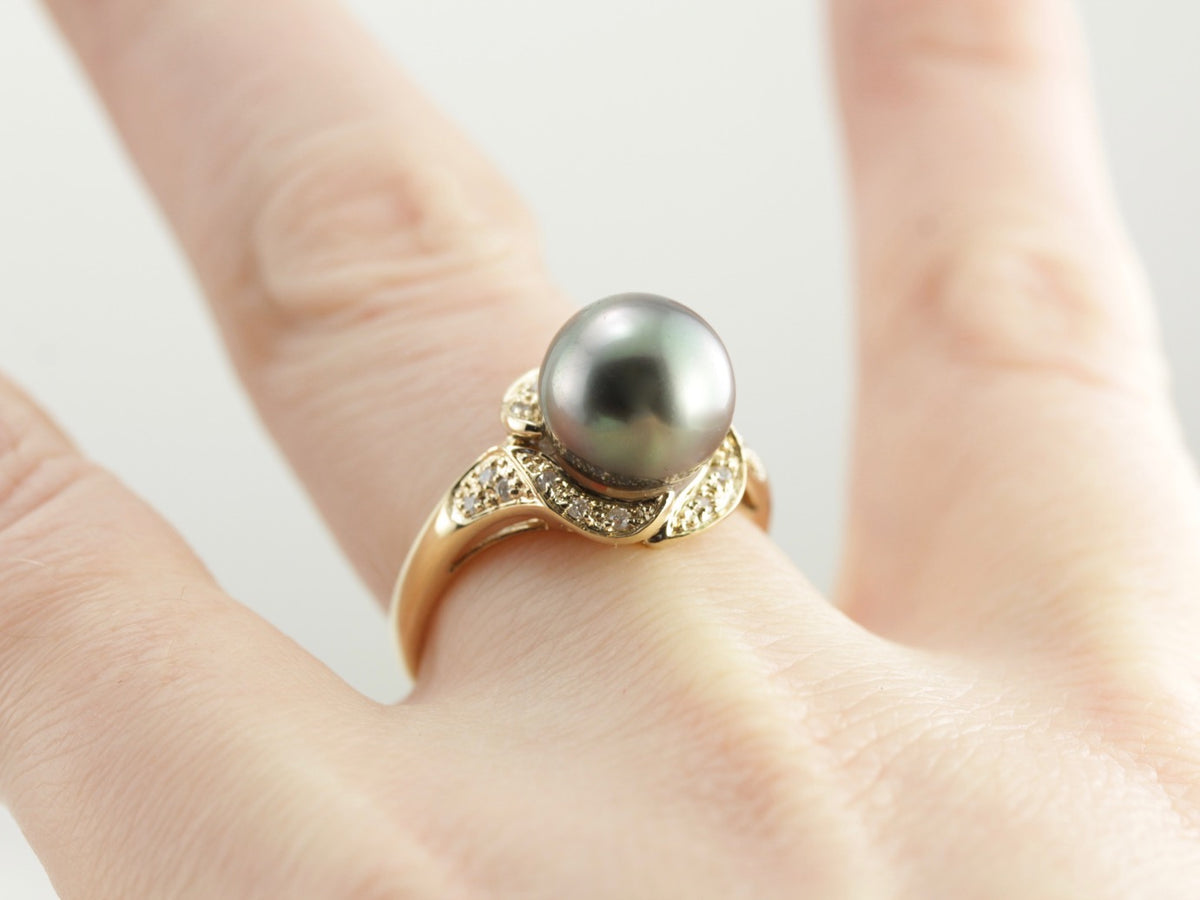 Large Grey Pearl and Diamond Cocktail Ring