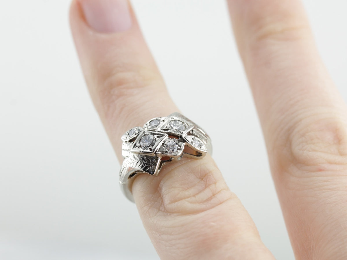 Retro Era Diamond Cocktail Ring in White Gold, Versatile Statement Piece