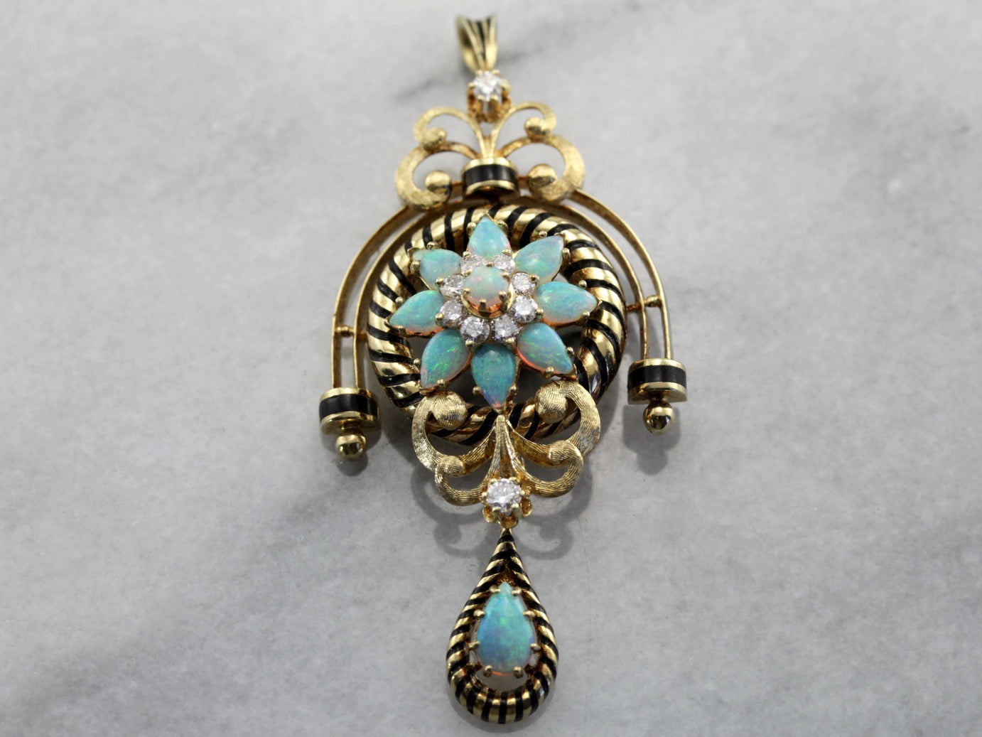 Superb Victorian Revival Opal and Diamond Pin or Pendant