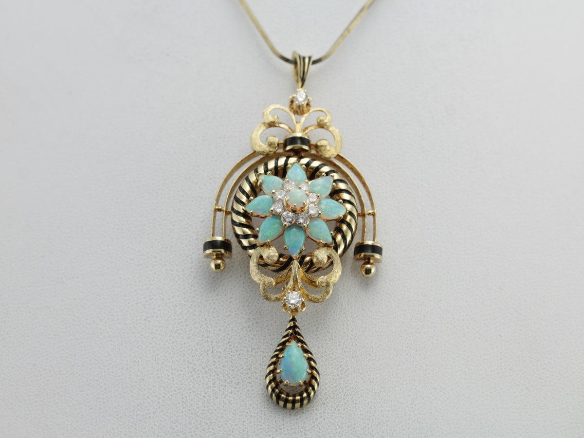 Superb Victorian Revival Opal and Diamond Pin or Pendant