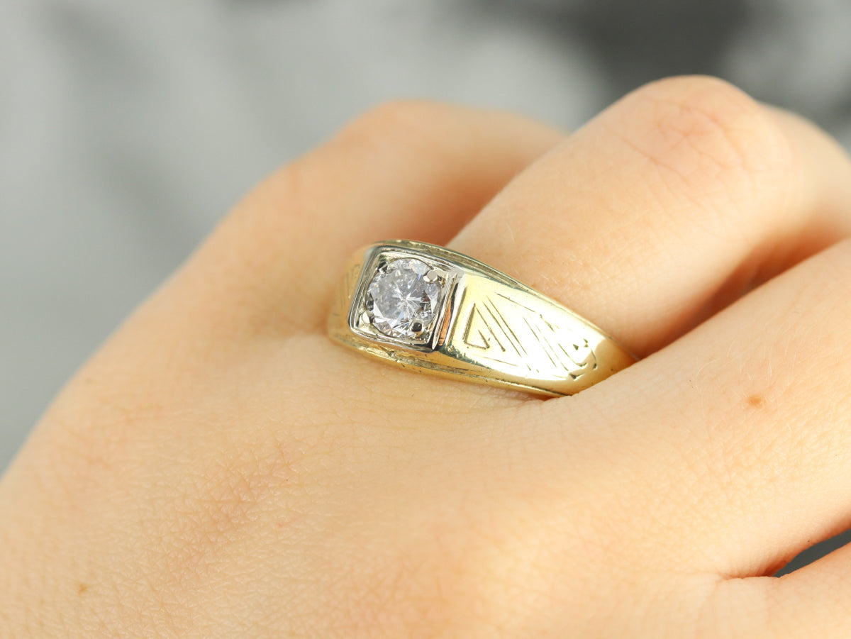 1930s Engraved Side Two Tone Mens Diamond Ring