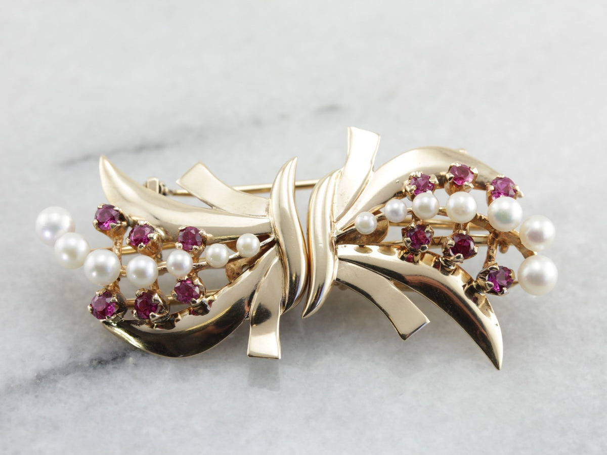 Retro Era Ruby and Pearl Fur Clip, High Quality Vintage Brooch
