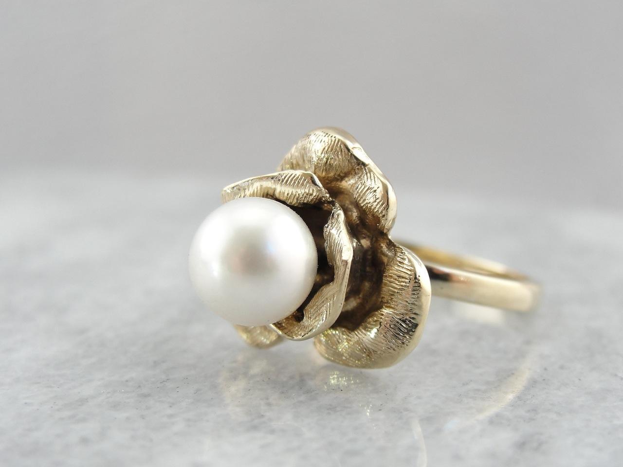 Whimsical Rose and Pearl Lady's Ring