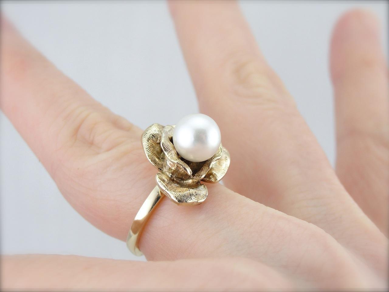 Whimsical Rose and Pearl Lady's Ring