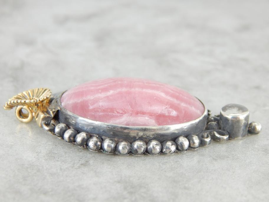 Vintage Rhodochrosite Pendant in Silver and Gold