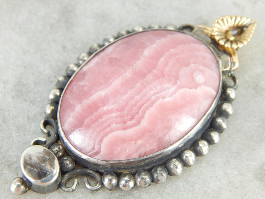 Vintage Rhodochrosite Pendant in Silver and Gold