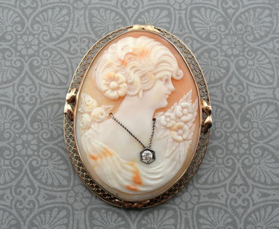 Antique Shell Cameo and Diamond Brooch or Pendant in Gold Frame