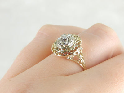 Green Gold Filigree and Diamond Cocktail Ring