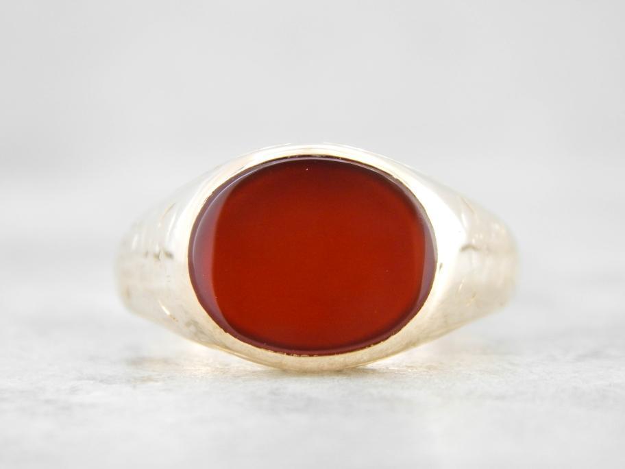 Curved Cut Carnelian Etched Yellow Gold Ring