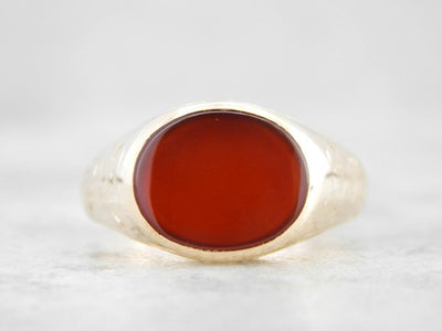 Curved Cut Carnelian Etched Yellow Gold Ring