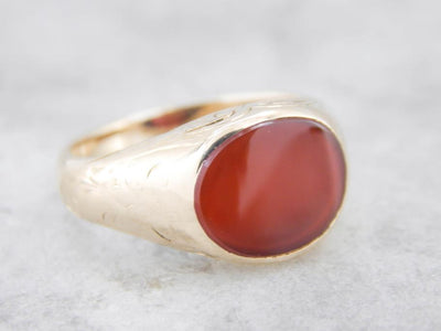 Curved Cut Carnelian Etched Yellow Gold Ring