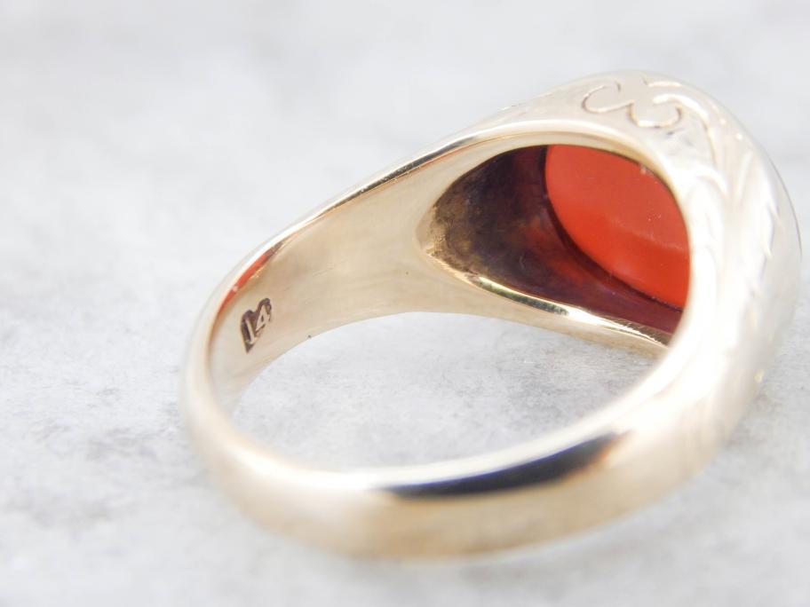 Curved Cut Carnelian Etched Yellow Gold Ring