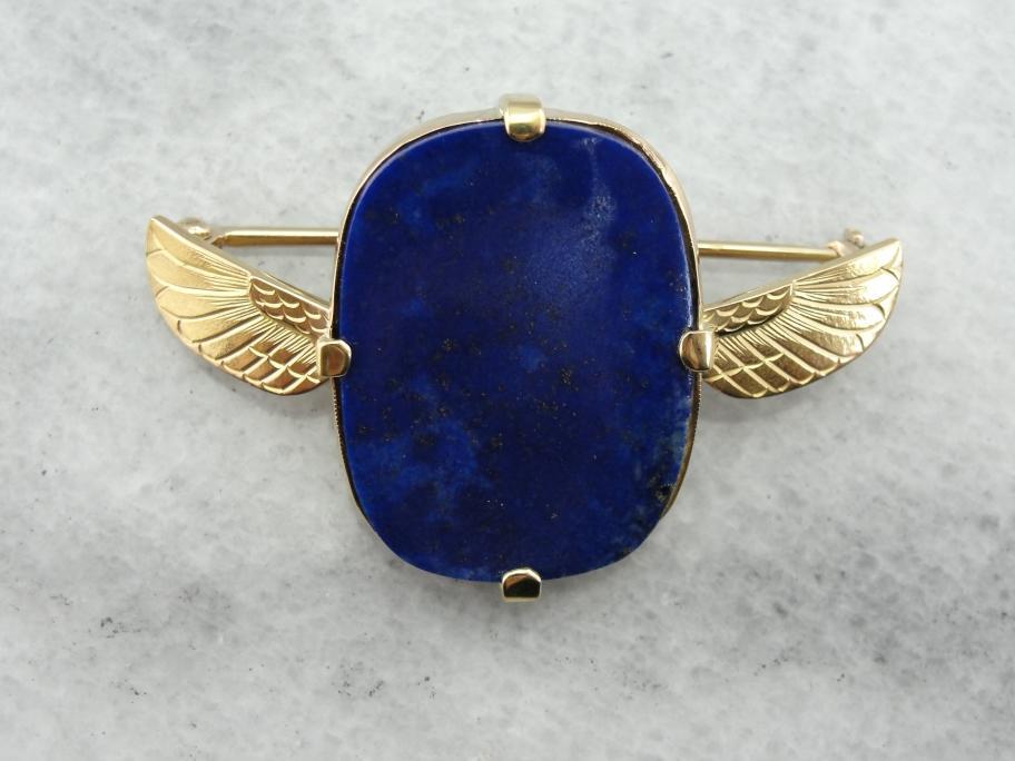 Vintage Egyptian Revival Lapis Brooch with Wing Details