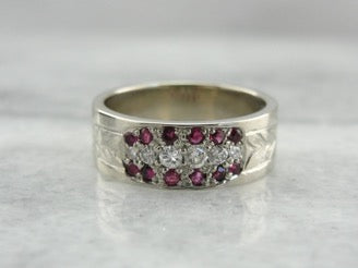 Pave Set Wide Ruby and Diamond Band with Hand Engraving