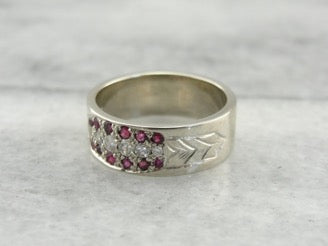 Pave Set Wide Ruby and Diamond Band with Hand Engraving