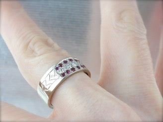 Pave Set Wide Ruby and Diamond Band with Hand Engraving