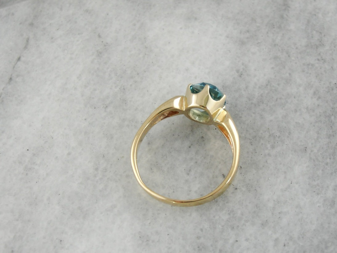 Blue Zircon Cocktail Ring in Modern Yellow Gold