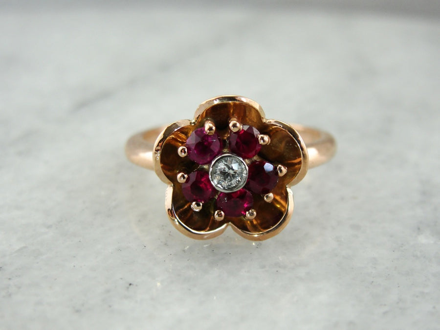 Vintage Ruby and Diamond Floral Ring